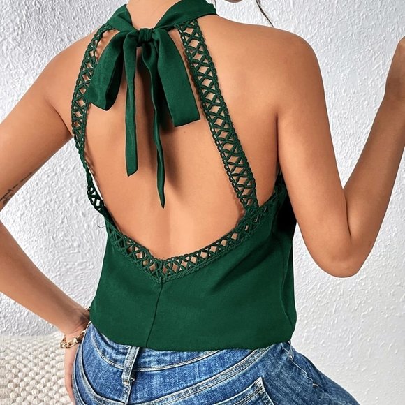 Green Boho Womens Tie Backless Ruffle Trim Peplum Blouse - Picture 4 of 5